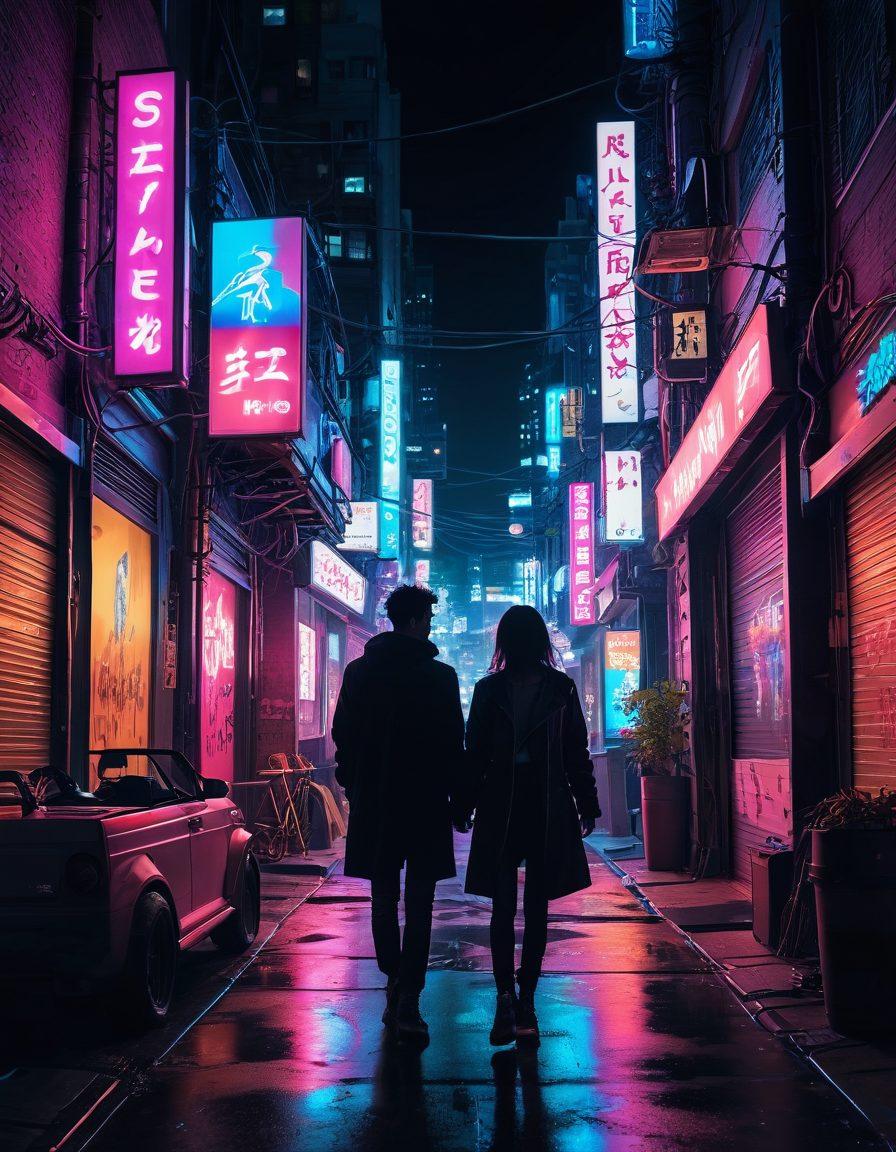 A vibrant alley filled with neon lights representing a lively night scene, featuring animated silhouettes of diverse couples connecting stealthily. Subtle hints of anime-style art infused within the scene, with playful elements like manga books and heart icons scattered around. The atmosphere is exciting yet discreet, evoking a sense of adventure. Add a sense of whimsy with a slight blur to depict motion. cyberpunk. vibrant colors. super-realistic.