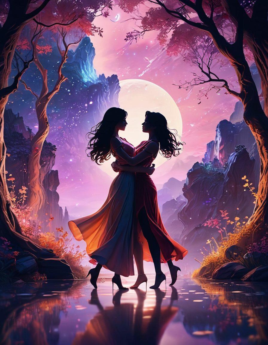 A sensual and artistic representation of animated characters in alluring poses, intertwined in a captivating dance of passion. Surround them with a dreamy, whimsical background that hints at fantasy worlds and romance. Include subtle elements like soft glows and twinkling stars to create an enchanting ambiance. The color palette should be warm and inviting, enhancing the mood of discovery and desire. expressive, vibrant colors. 3D effect.