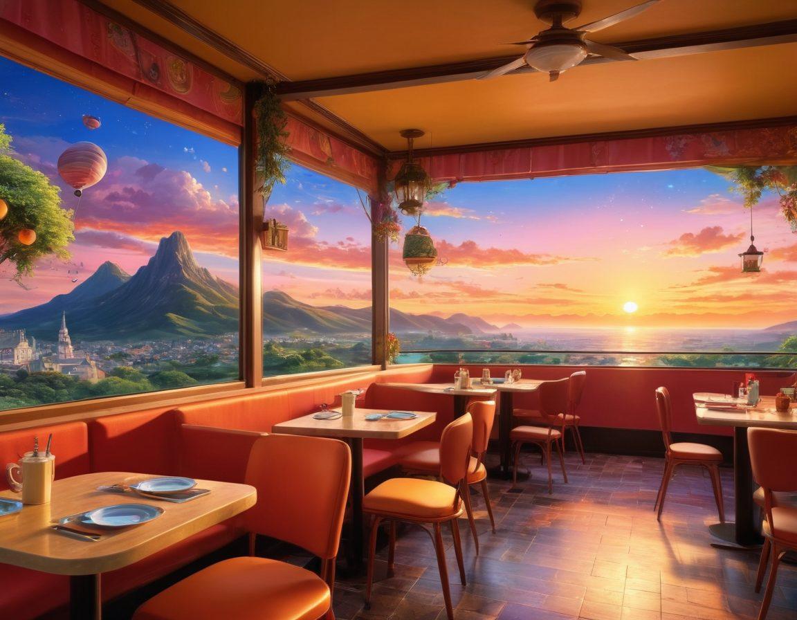 A vibrant, fantastical landscape featuring animated characters engaged in a light-hearted, casual date in a whimsical café setting, surrounded by colorful holographic displays of anime scenes. Include a sunset sky filled with stars, giving a dreamy ambiance, while maintaining a sense of playfulness and discretion. The characters should represent diverse styles of anime while embodying a joyful interaction. super-realistic. vibrant colors. fantasy art.
